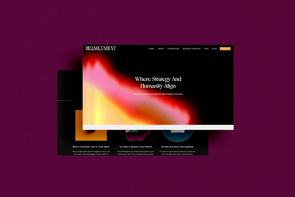 Two screens show a website that's purple, black, and moody.