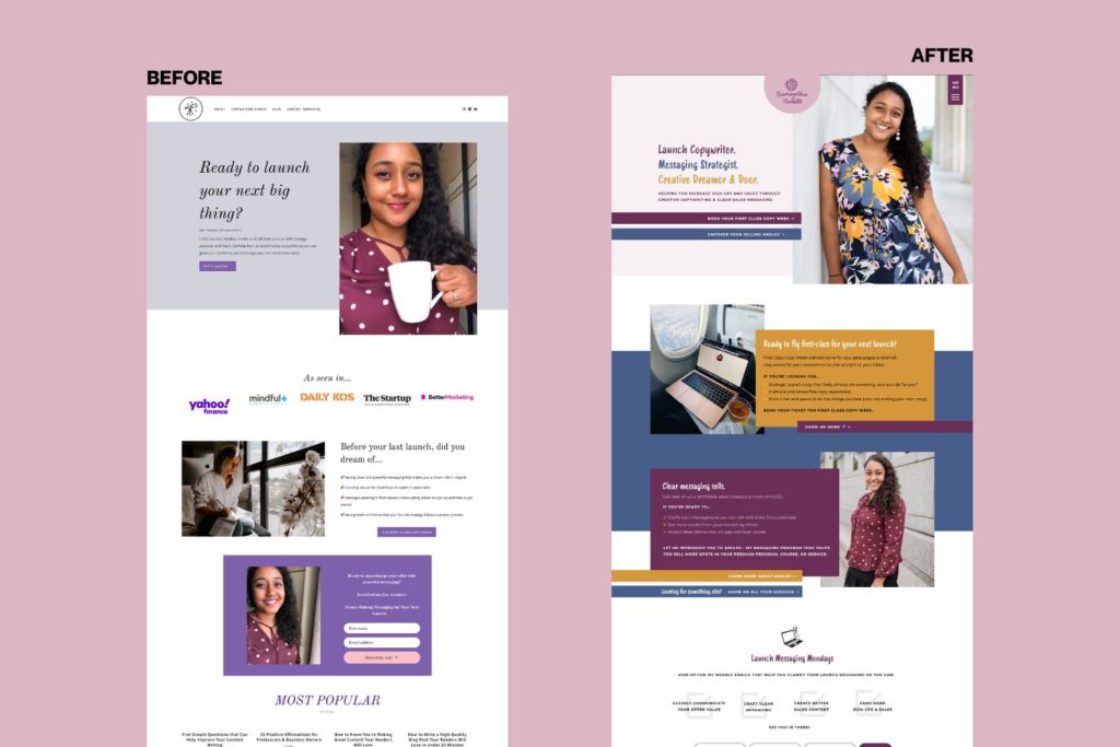 Before and after of a website design for a copywriter.