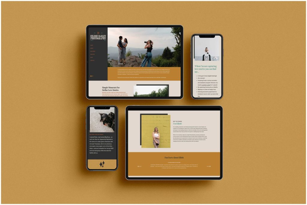Two ipads and two phones show a rock and roll inspired website design.