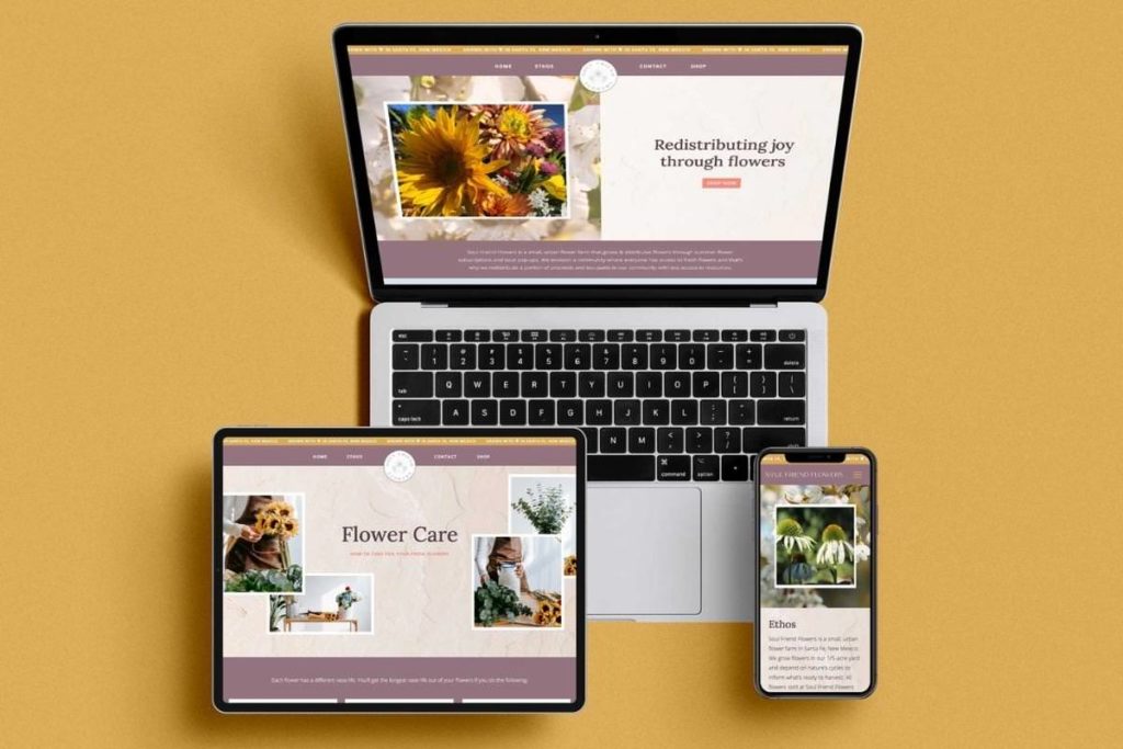 Tablet, phone, and computer with a flower shop website