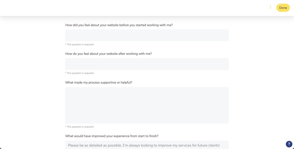 Screenshot of a questionnaire hosted in Honeybook.