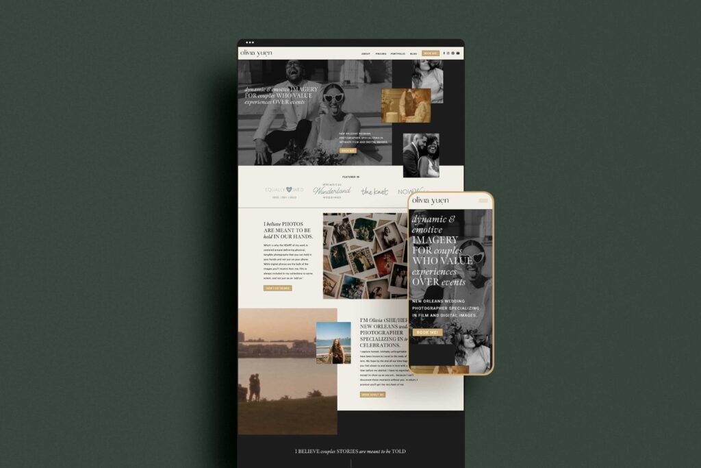 A mockup shows a dark and timeless website for a New Orleans photographer.