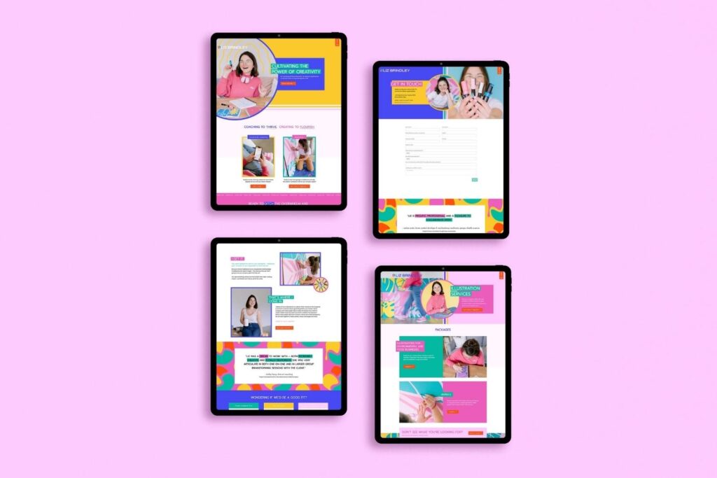 Four ipads have websites pulled up on them in bold colors, with a pink background.