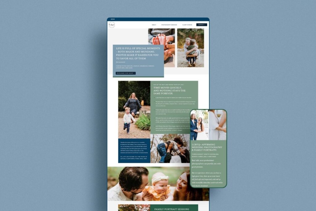 A mockup shows a green and blue website for a photographer.