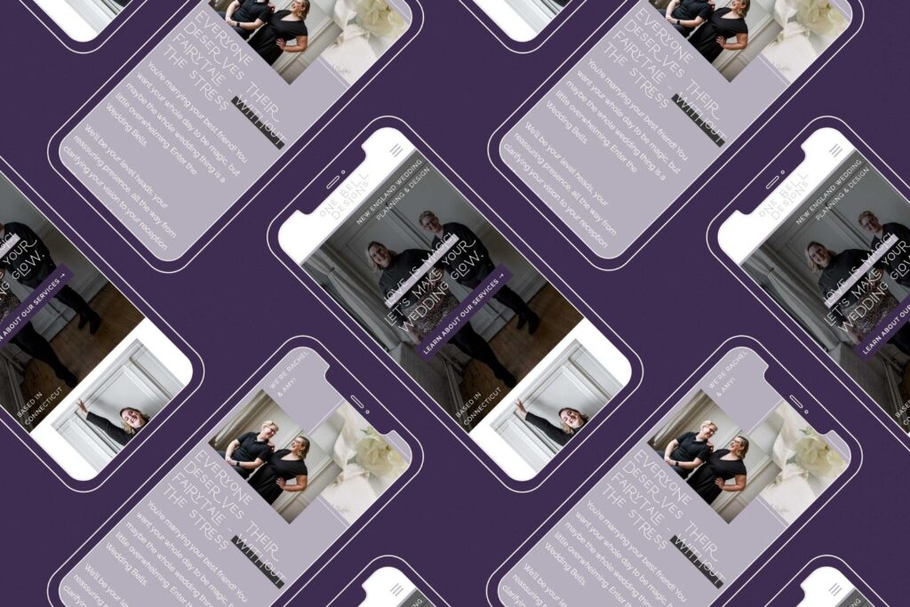Phone screen mockup with a purple background has a light purple website pulled up on it.