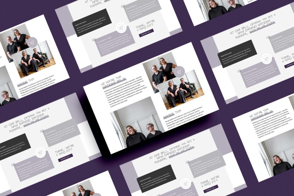Screen mockups show a purple and grey website design.