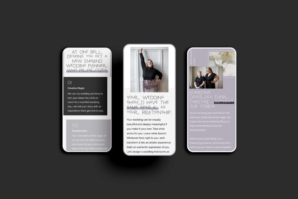 Three iphone mockups show a wedding planner website.