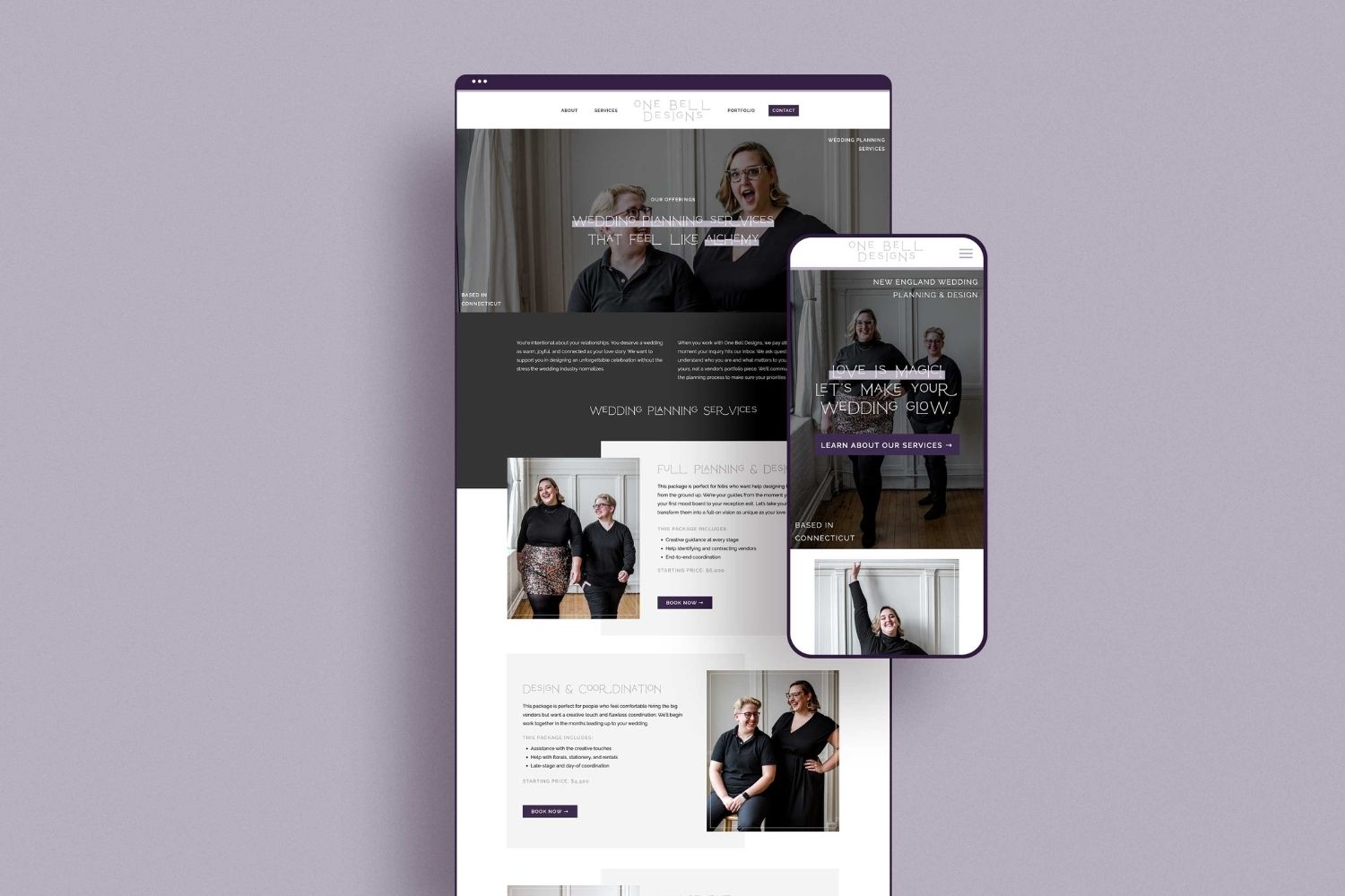 Wedding planner Showit website design pulled up on a screen and phone with a purple background