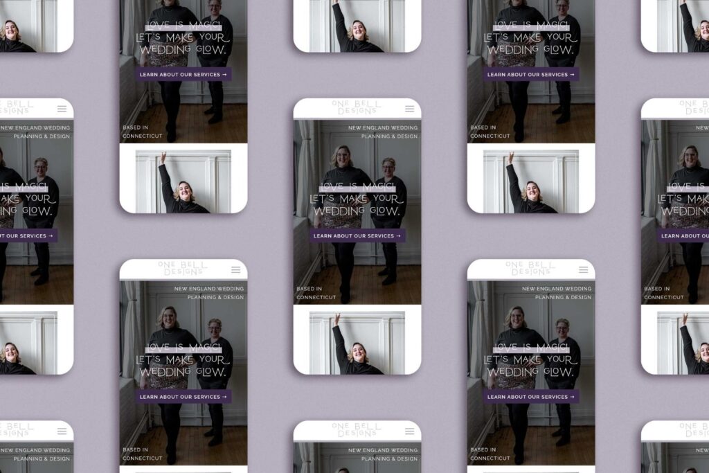 Mockup of iphone screens showing a purple website.