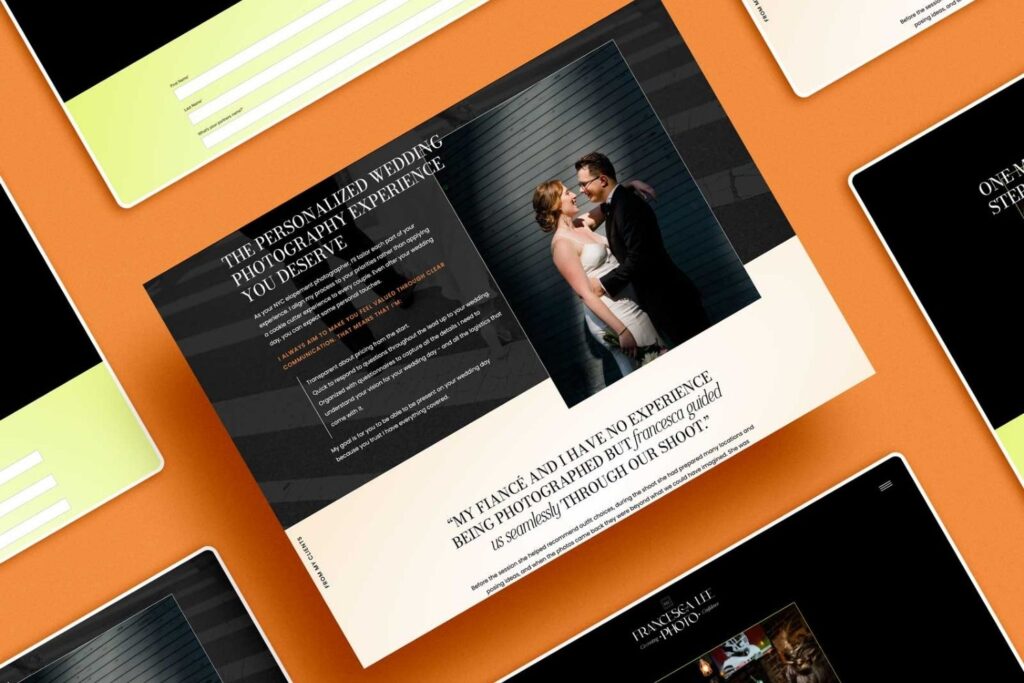 Mockup of screens shows a luxury website with an orange background.