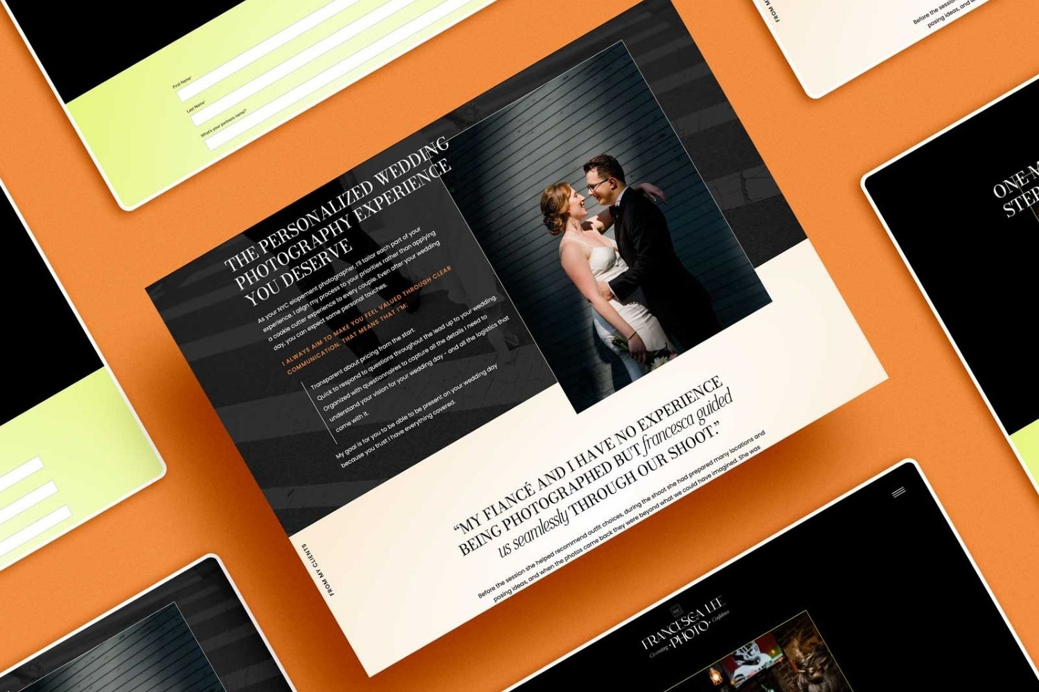 A luxe website design is pulled up on screen mockups with orange background.