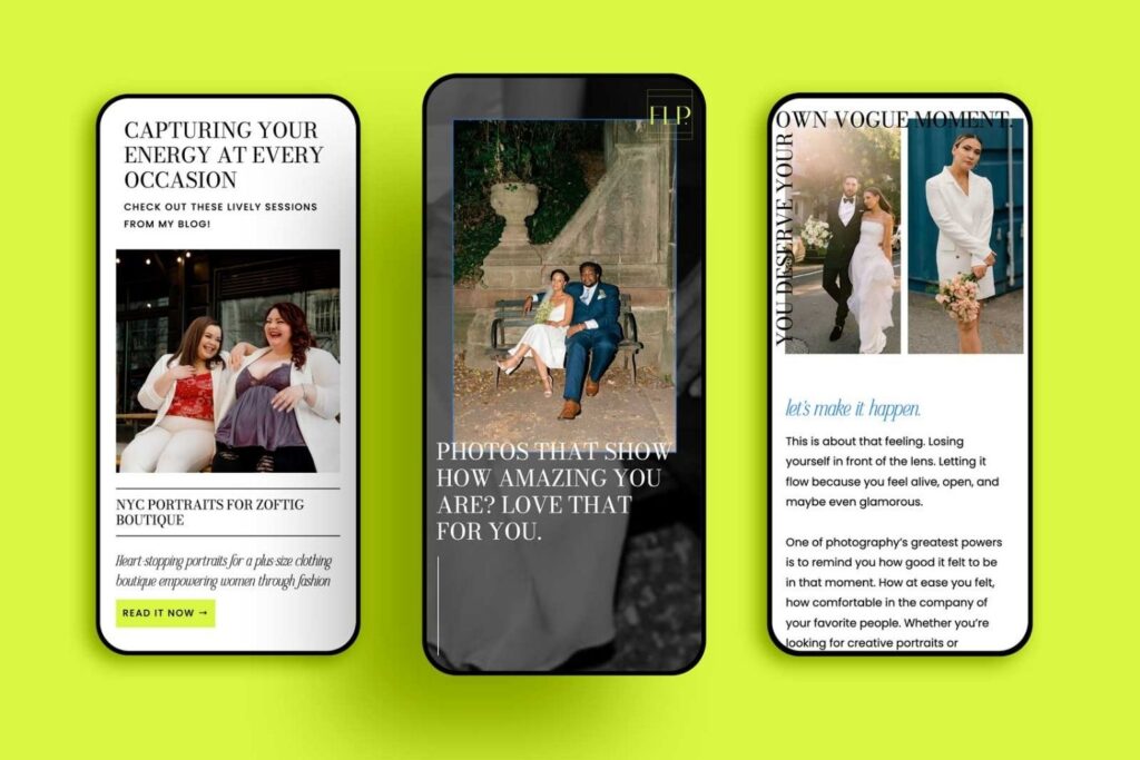 Three iphones show a wedding photographer website on mobile with a neon yellow background.