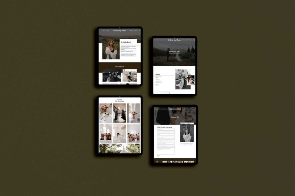 Four ipads are laid out with a dark and moody website pulled up