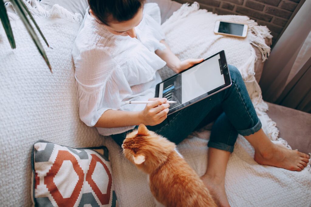 Girl drawing on an ipad on her couch next to her orange cat.