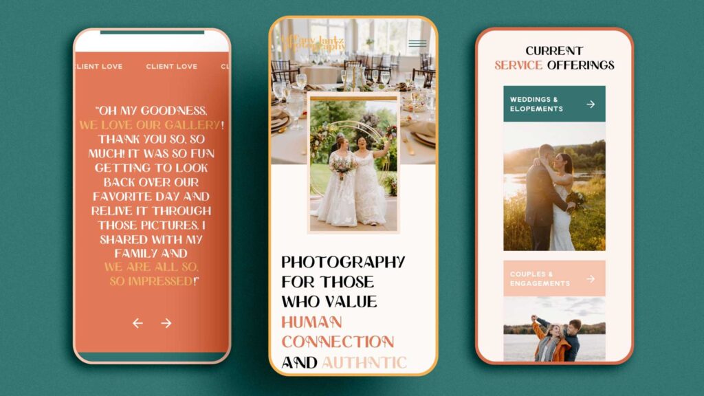 Three iPhone mockups with different pages of a website showing on a teal background. 
