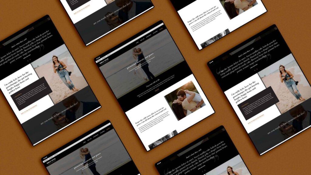 Various screenshots of a photographers website laid out next to each other on a brown background. 
