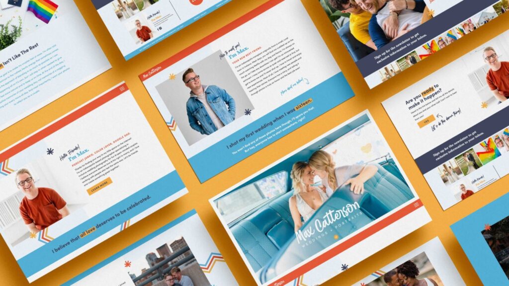 A grid of 10 different screenshots from a colorful photographer's website laid out in an even grid on a yellow background. 
