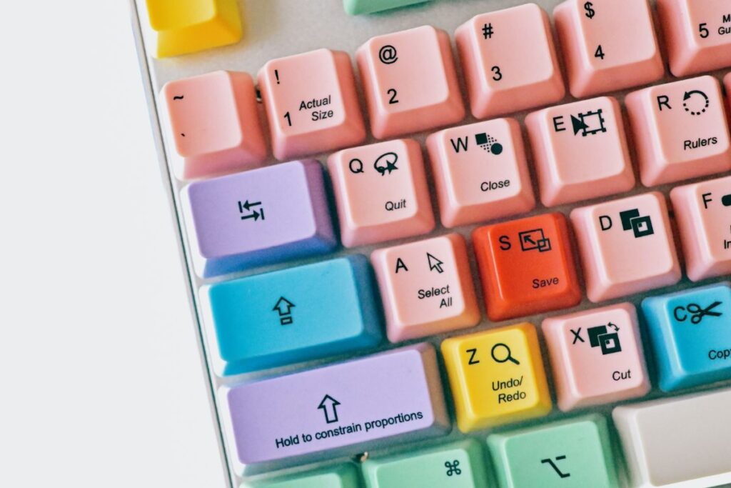 A close up view of a colorful keyboard. 
