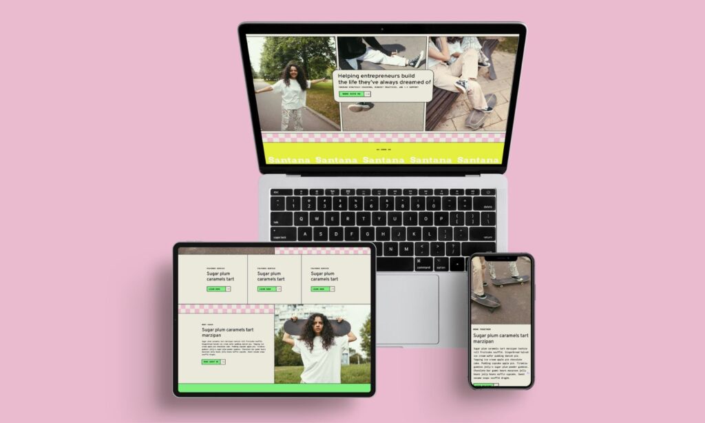 Mockup of a skater-inspired website pulled up on a laptop, ipad, and phone with a pink background.
