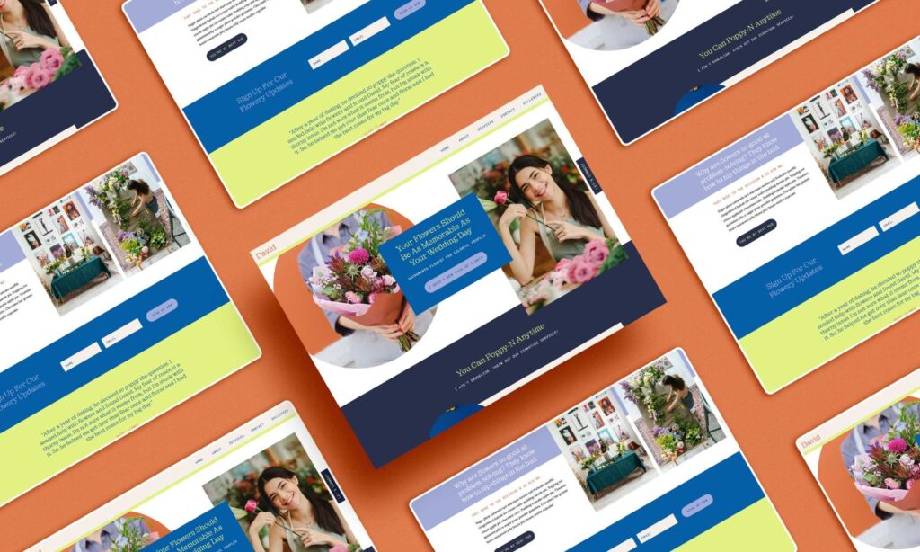 Screen mockups show a bright and colorful florist website. The background is orange.