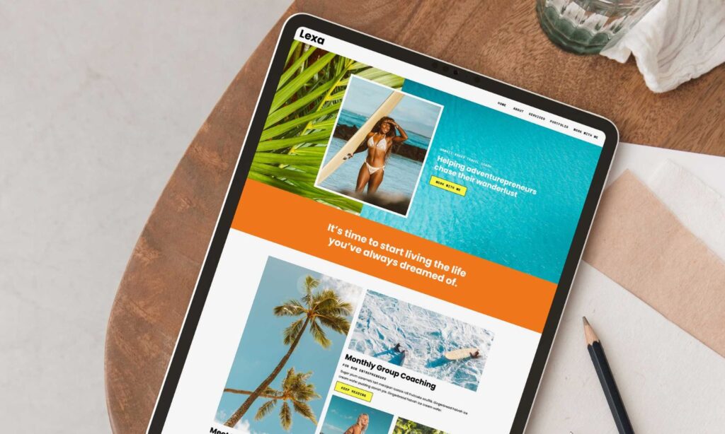 An ipad on a desk has a colorful website design on it.