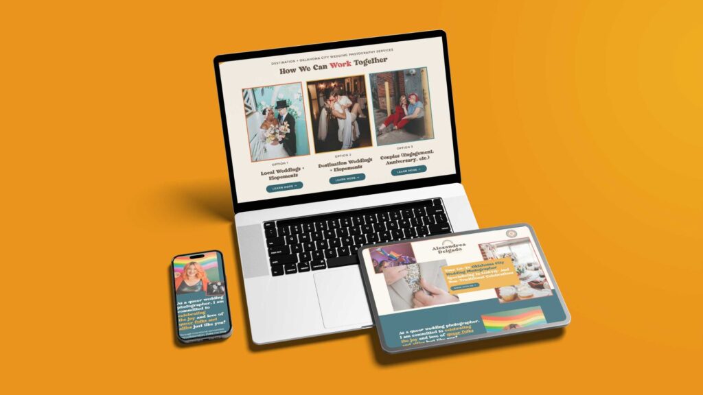 A digital workspace showing a laptop with a web page offering wedding photography services, alongside a smartphone and tablet with coordinating content, set against a vibrant orange background.