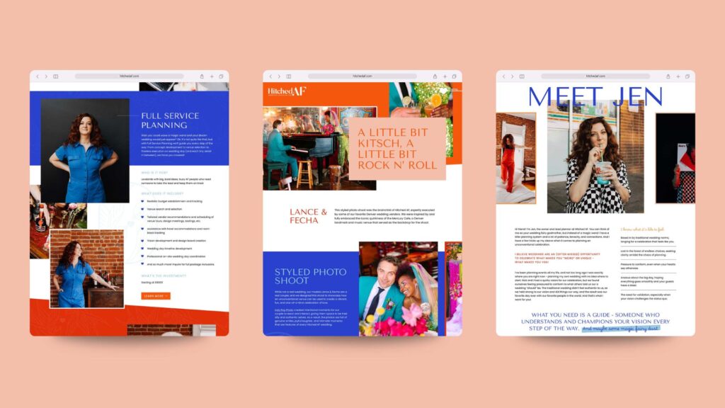 A series of web pages on a coral background displaying vibrant wedding planning services, including 'FULL SERVICE PLANNING' and 'MEET JEN,' showing a blend of text and colorful images.