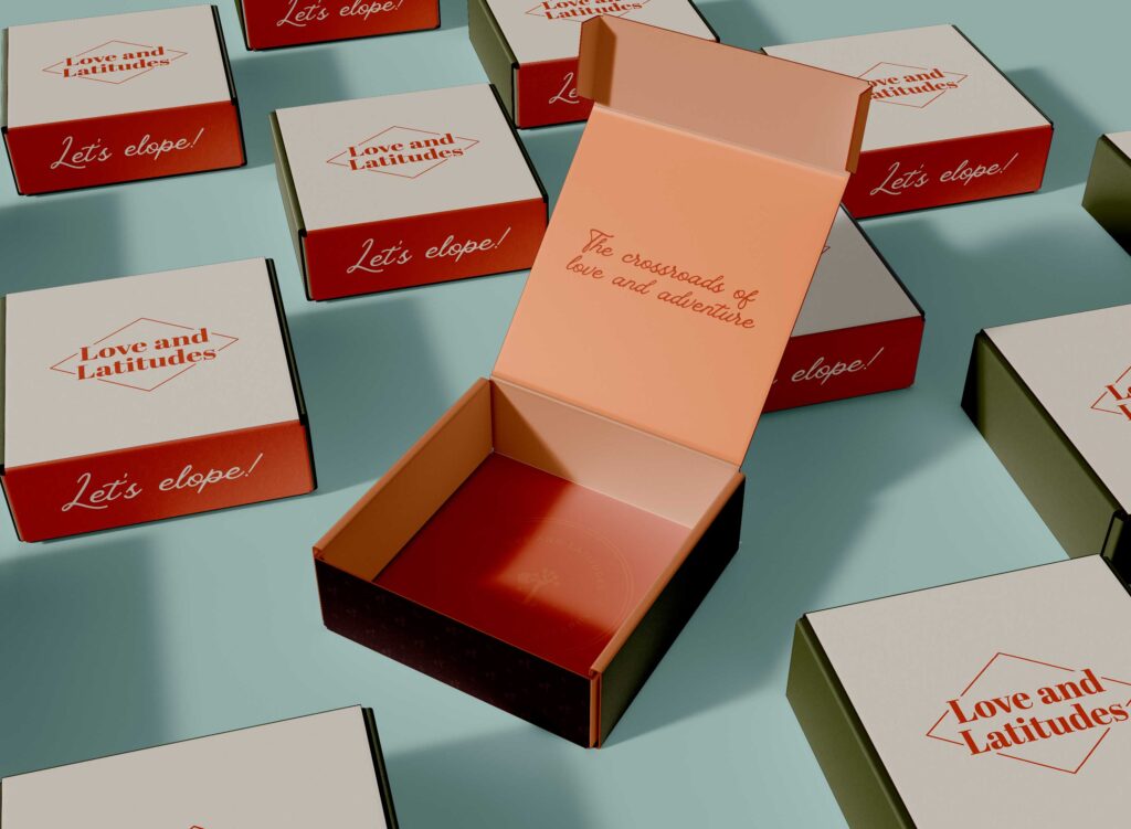 A collection of 'Love and Latitudes' branded boxes in a pattern, highlighting the tangible touchpoints of the brand design process