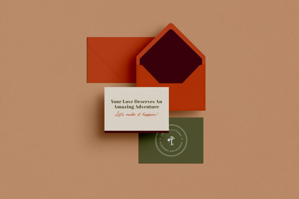 Stationery set from 'Love and Latitudes' with a cohesive color scheme and branding, reflecting the brand design process for printed materials.
