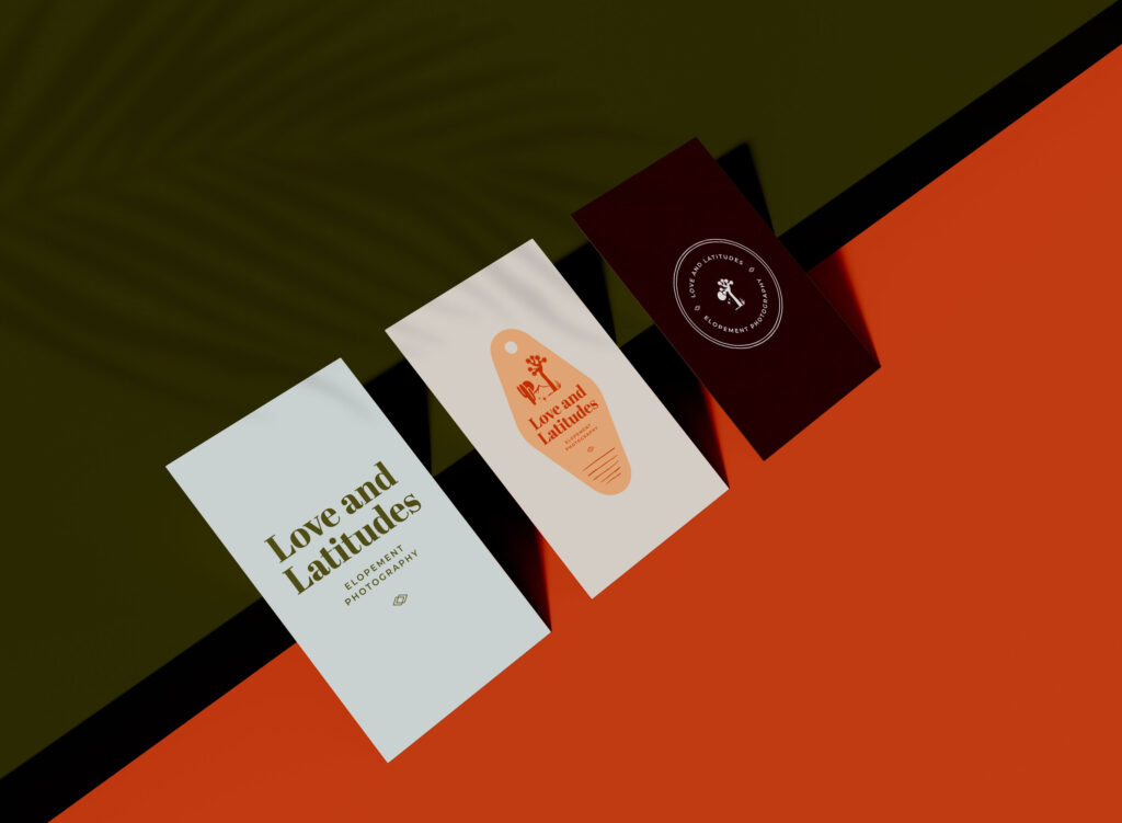 An array of 'Love and Latitudes' print collateral laid out, demonstrating the brand design process for consistent marketing materials