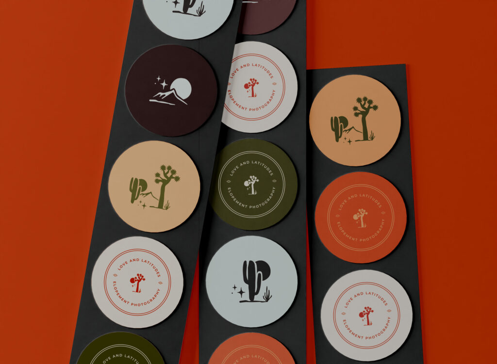 Assorted 'Love and Latitudes' branding stickers on a color-blocked background, illustrating the versatility in the brand design process
