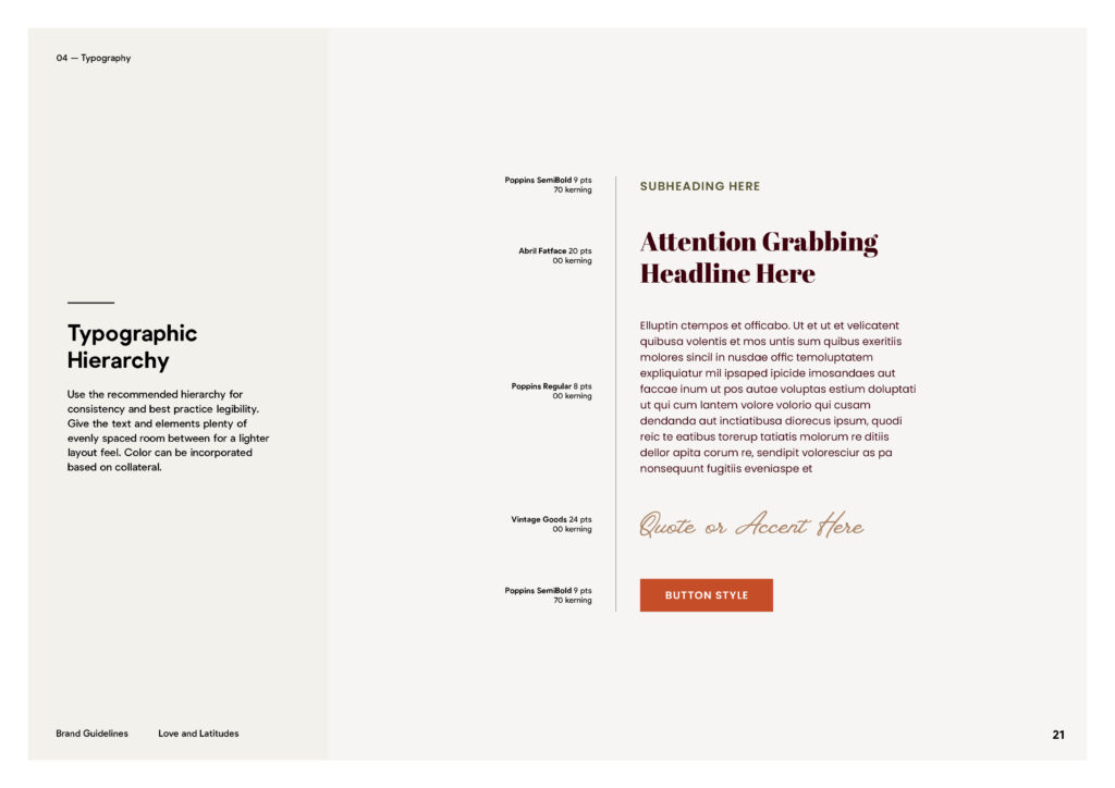 "Page from 'Love and Latitudes' brand guidelines detailing typographic hierarchy, emphasizing the importance of brand standards in the design process