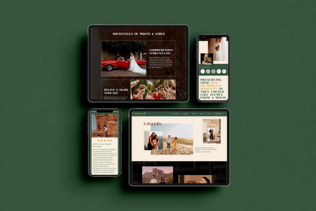 A collection of devices showing a wedding photography website, emphasizing the diverse layouts as a sign to upgrade to a new website
