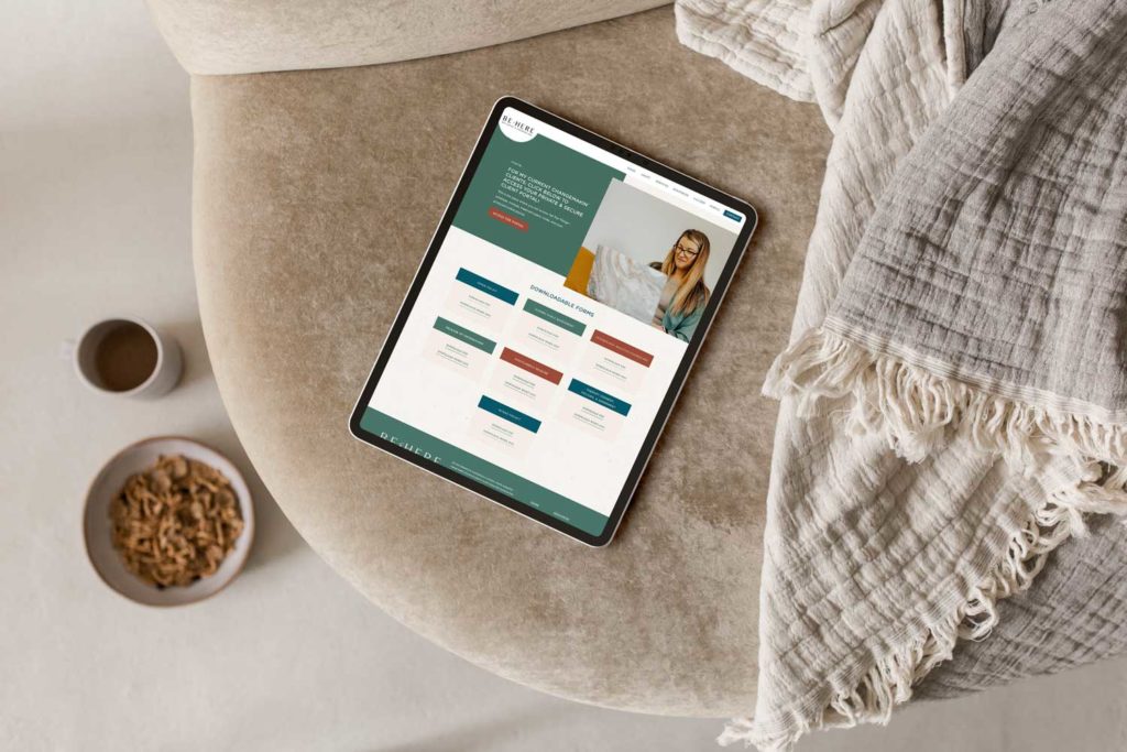 Warm and welcoming web design on a tablet for 'Be Here Wellness', serving as a prime therapist website example for personal branding