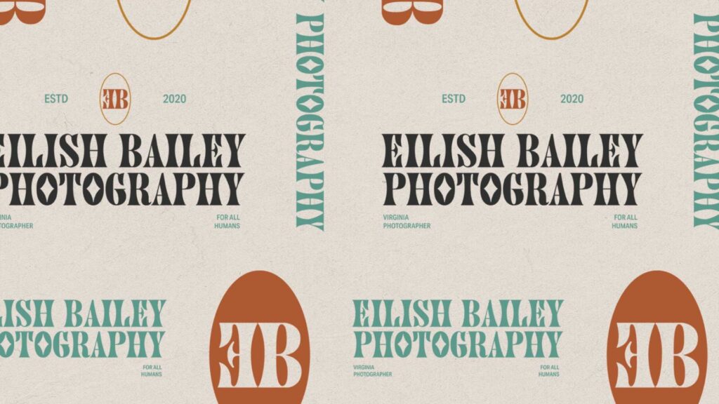 A pattern of 'Elish Bailey Photography' logos alternating with the brand's initials 'EB' in an orange monogram design, against a textured cream background. Text includes 'ESTD 2020' and 'Virginia Photographer for all humans.'