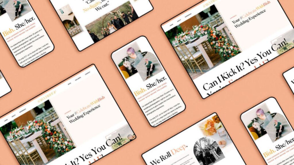 An arrangement of mobile devices displaying 'Sara Bishop Photography' website pages with various wedding images and texts, including phrases like 'Bish. She/Her', 'Can I Kick It? Yes You Can!', and 'Your #CelebrateWithElish Wedding Experience'.