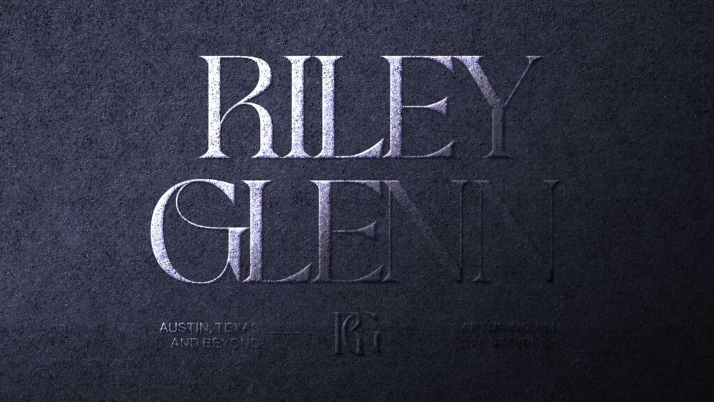 The name 'Riley Glenn' embossed in large, elegant lettering with the initials 'RG' on a textured dark background, accompanied by the text 'Austin, Texas, and Beyond.'