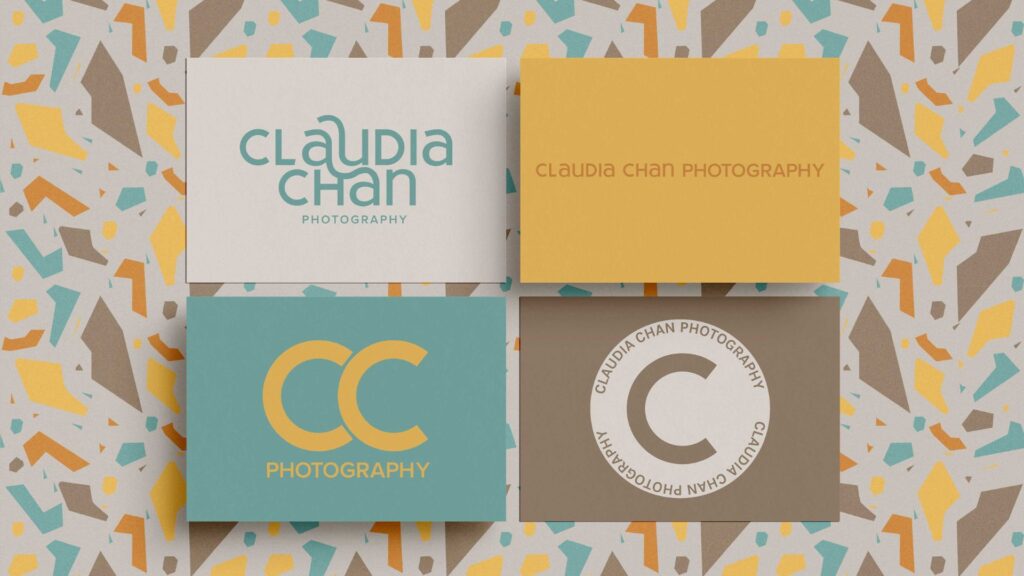 Branding mockup for 'Claudia Chan Photography' featuring a logo with 'CC' initials and full business name on business cards, laid over a patterned background with geometric shapes in pastel colors.