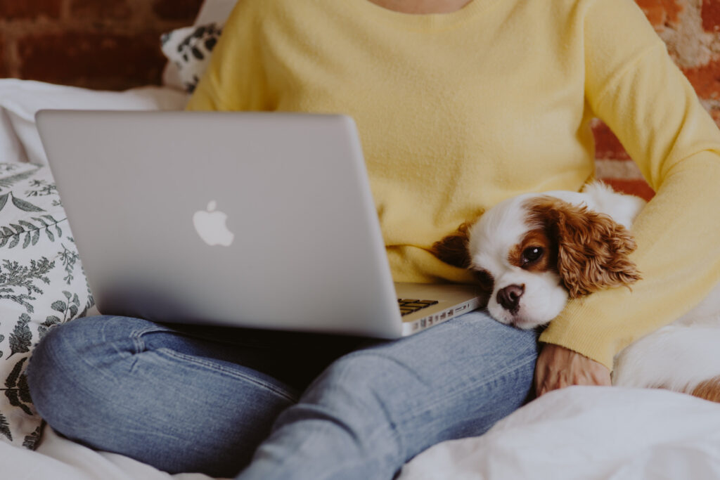 A woman in a yellow sweater comfortably using a MacBook on a couch with a Cavalier King Charles Spaniel resting on her lap, depicting a relaxed work-from-home environment.