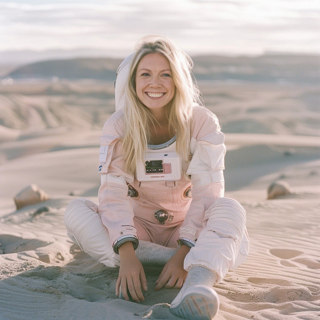 A person in a space suit sitting in a desert