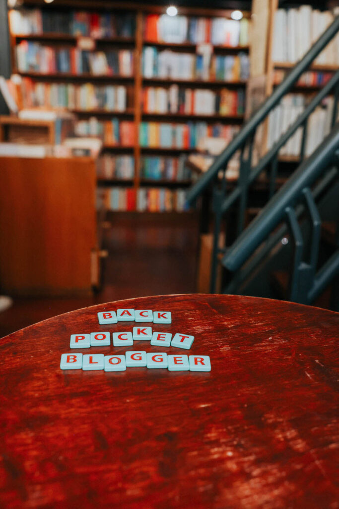 The words back pocket blogger spelled out with scrabble letters.