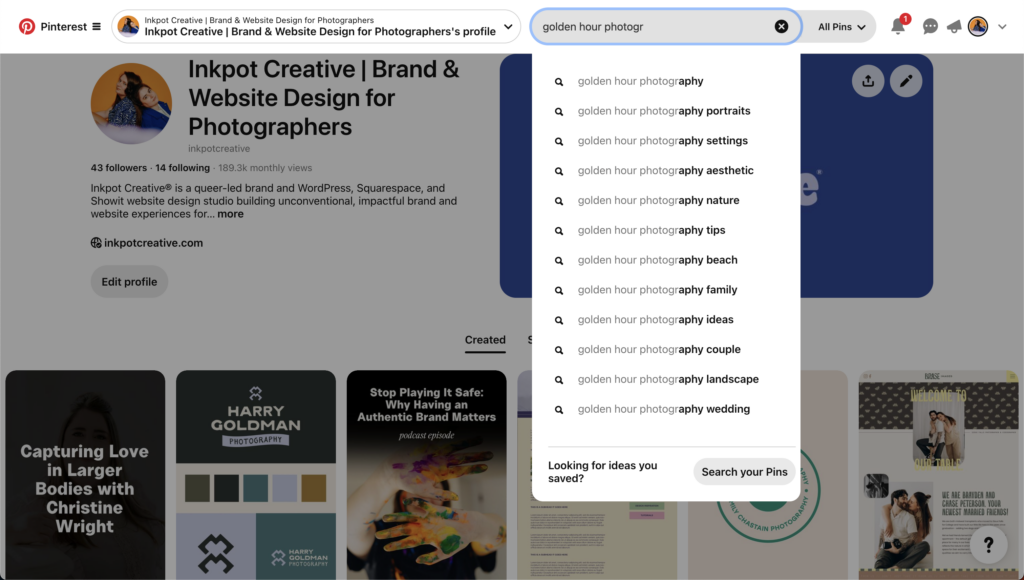 Screenshot of keywords being searched on Pinterest.