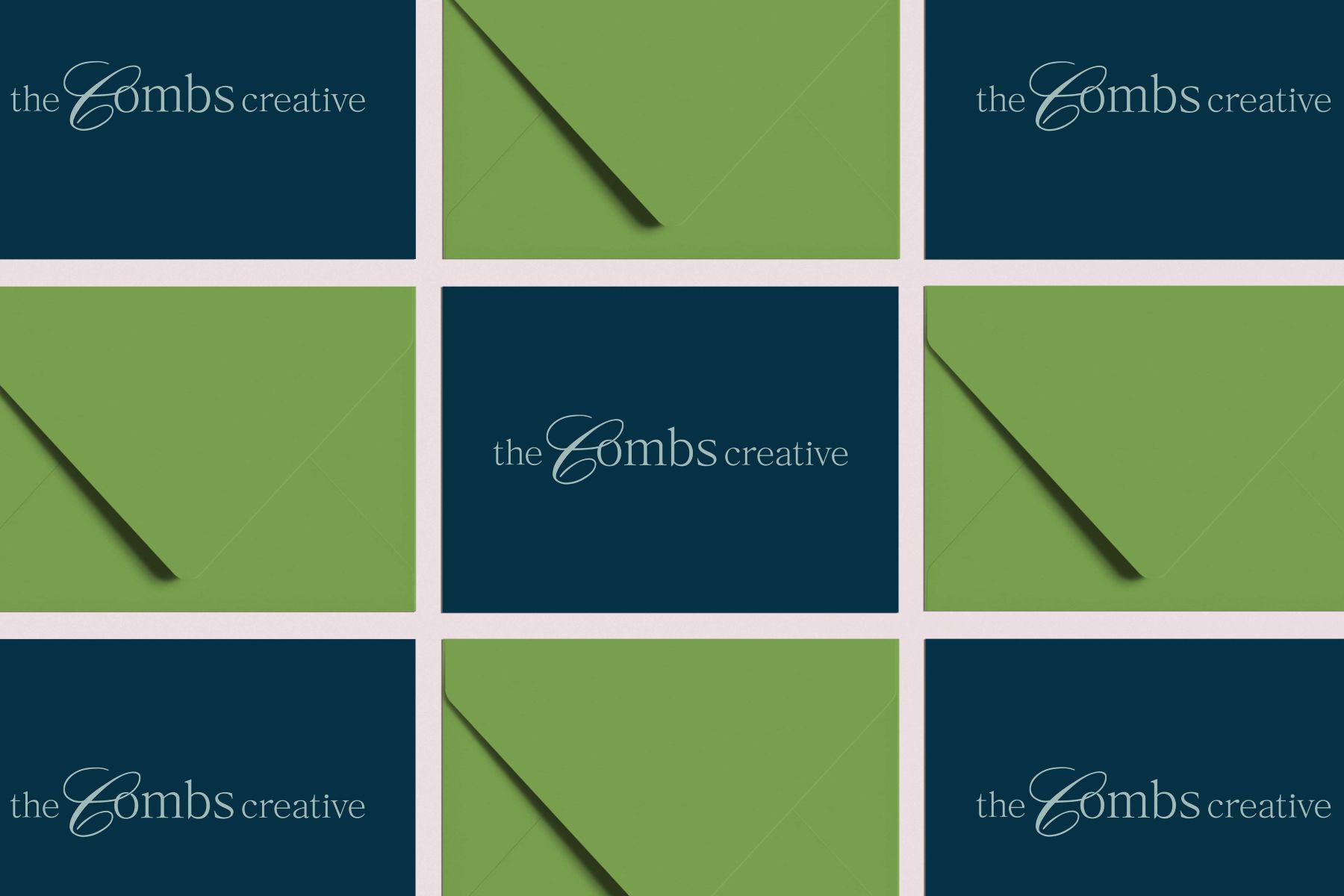 business cards for the combs creative along with green envelopes
