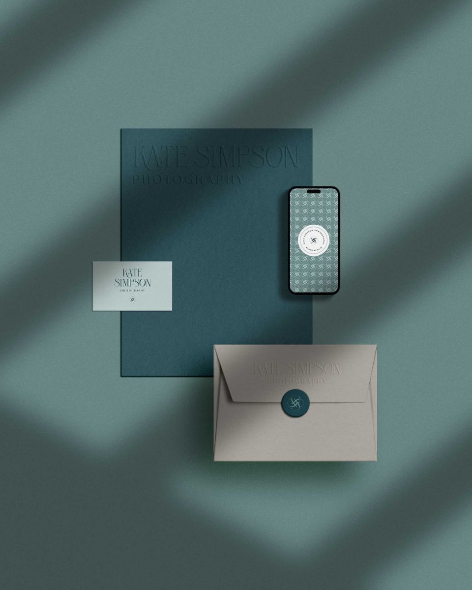 branding materials for Kate Simpson Photography including a business care and envelope