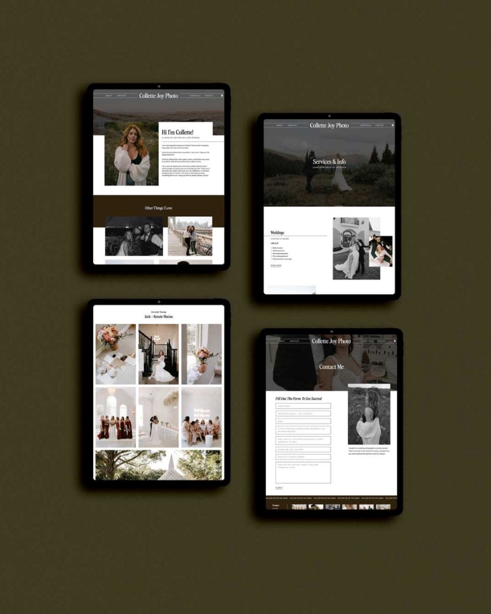 web design for Collette Joy Photo displayed on four different tables