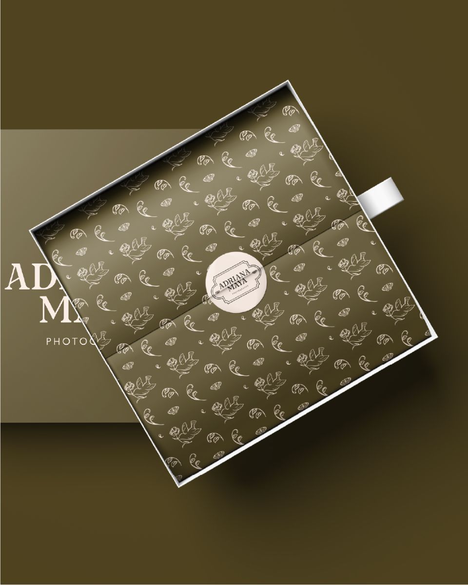 branding for Adriana Maya Photography in the form of a box with tissue paper that also has her branding