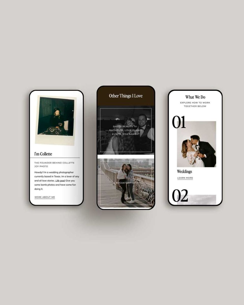 web design for Collette Joy Photo displayed on three mobile phones