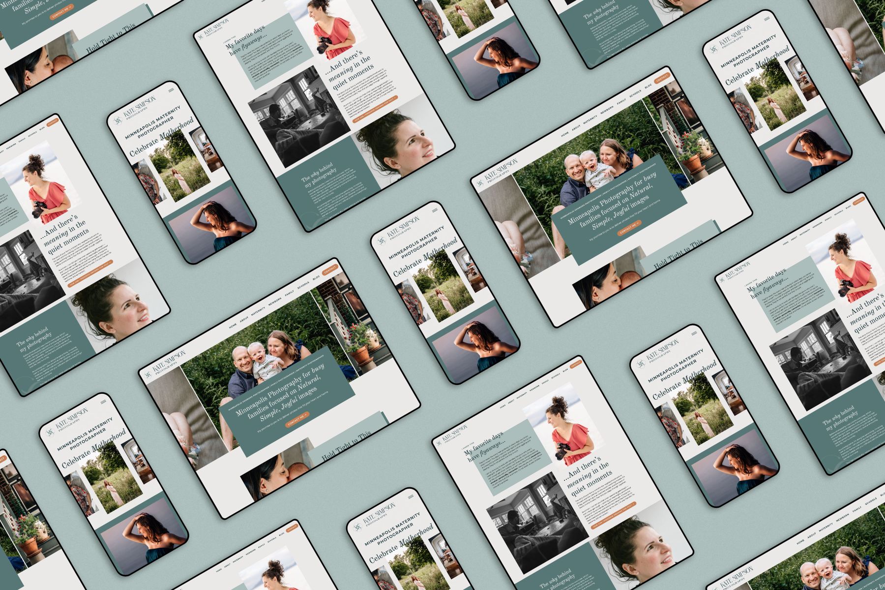 kate simpson photography website pages on tablet, laptop, and mobile set against a soft blue backdrop 