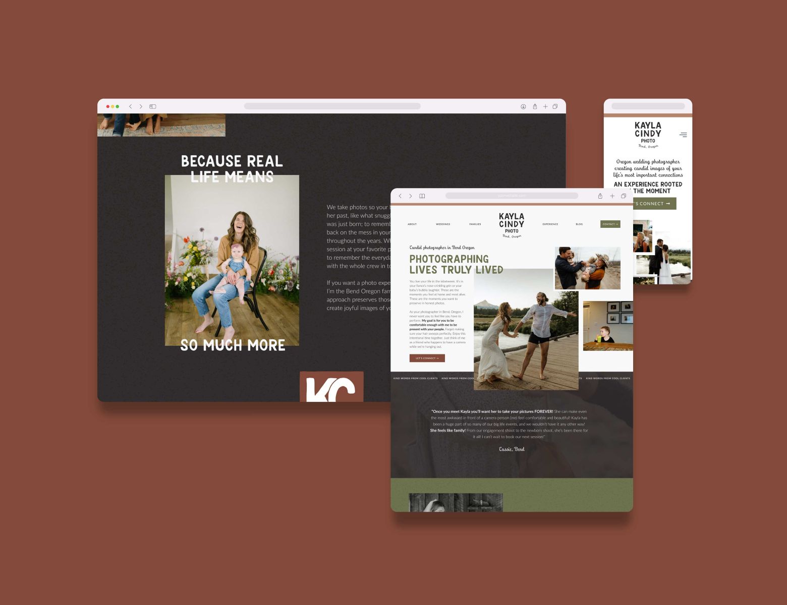 website pages on laptop and mobile ofr kayla cindy photo set against a maroon backdrop 