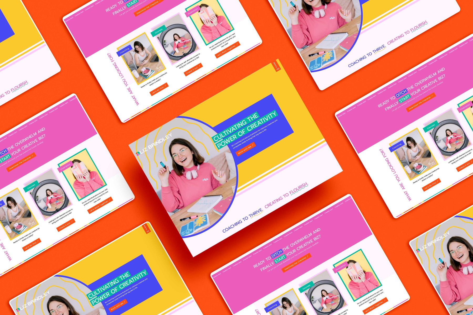 liz brindley's website pages set against an orange backdrop